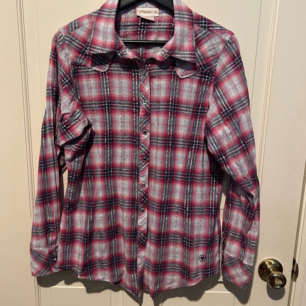Ariat Pink plaid snap front blouse - LARGE - Picture 3 of 6